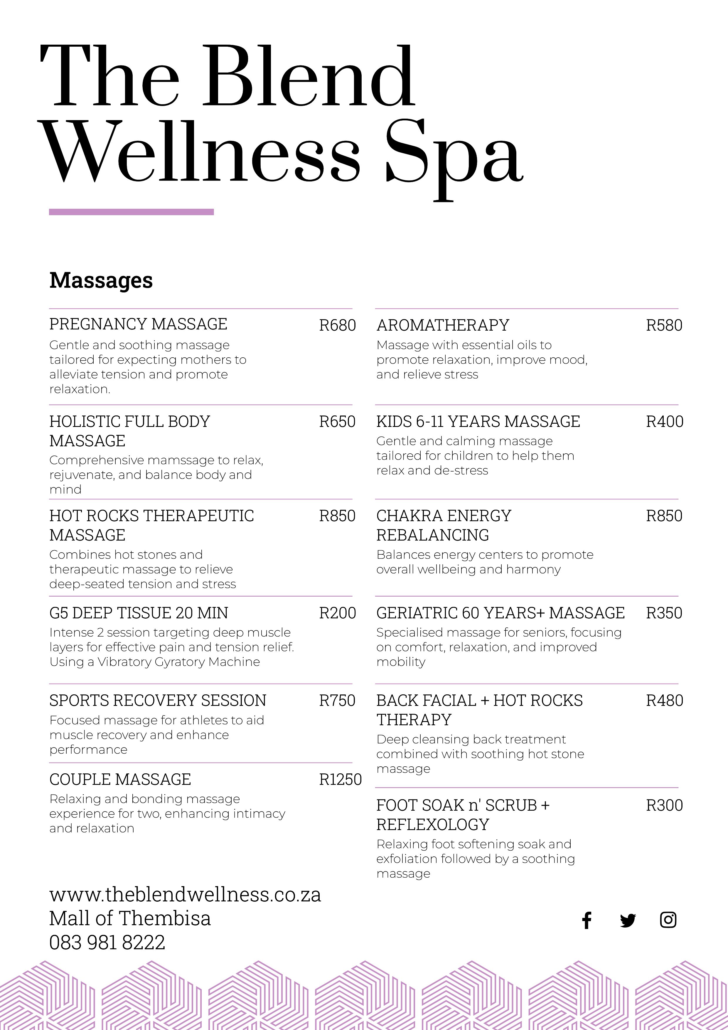 The Blend Wellness Spa Pricelist