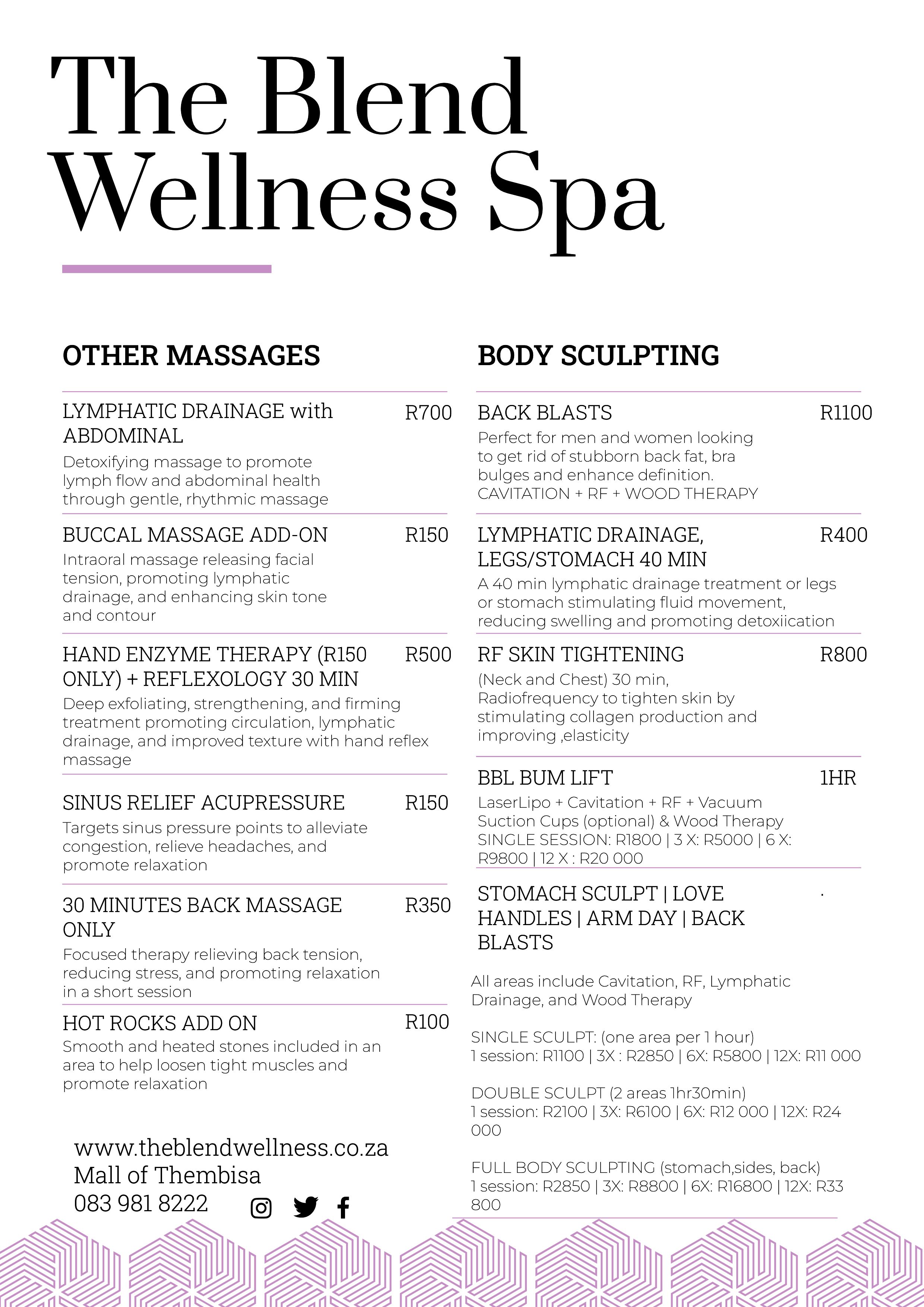 The Blend Wellness Spa Pricelist