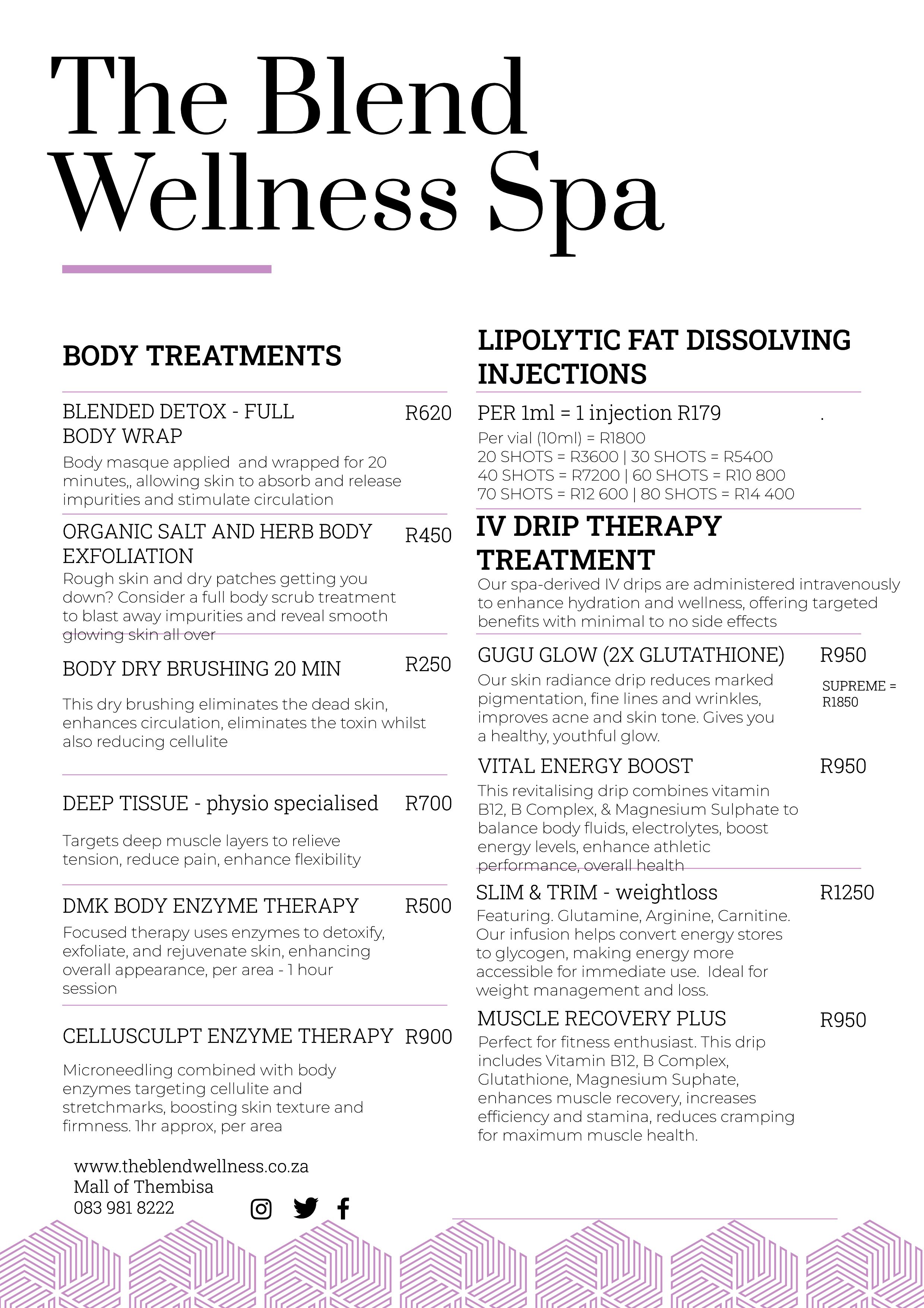 The Blend Wellness Spa Pricelist