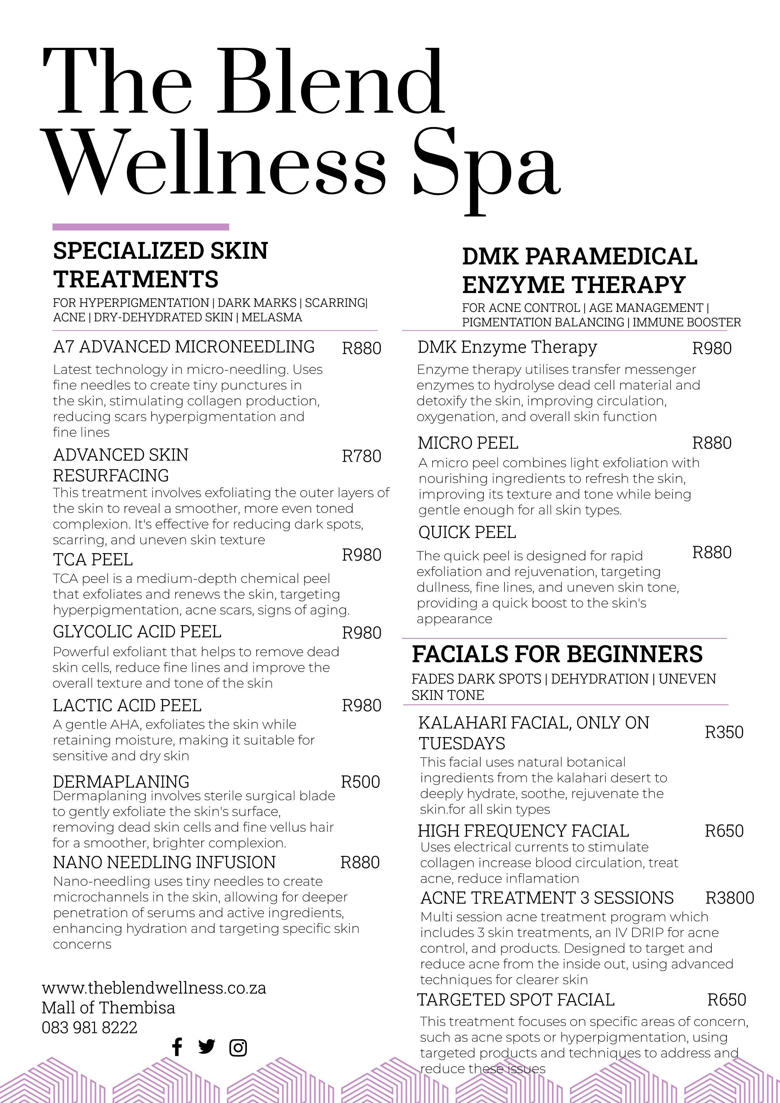 The Blend Wellness Spa Pricelist