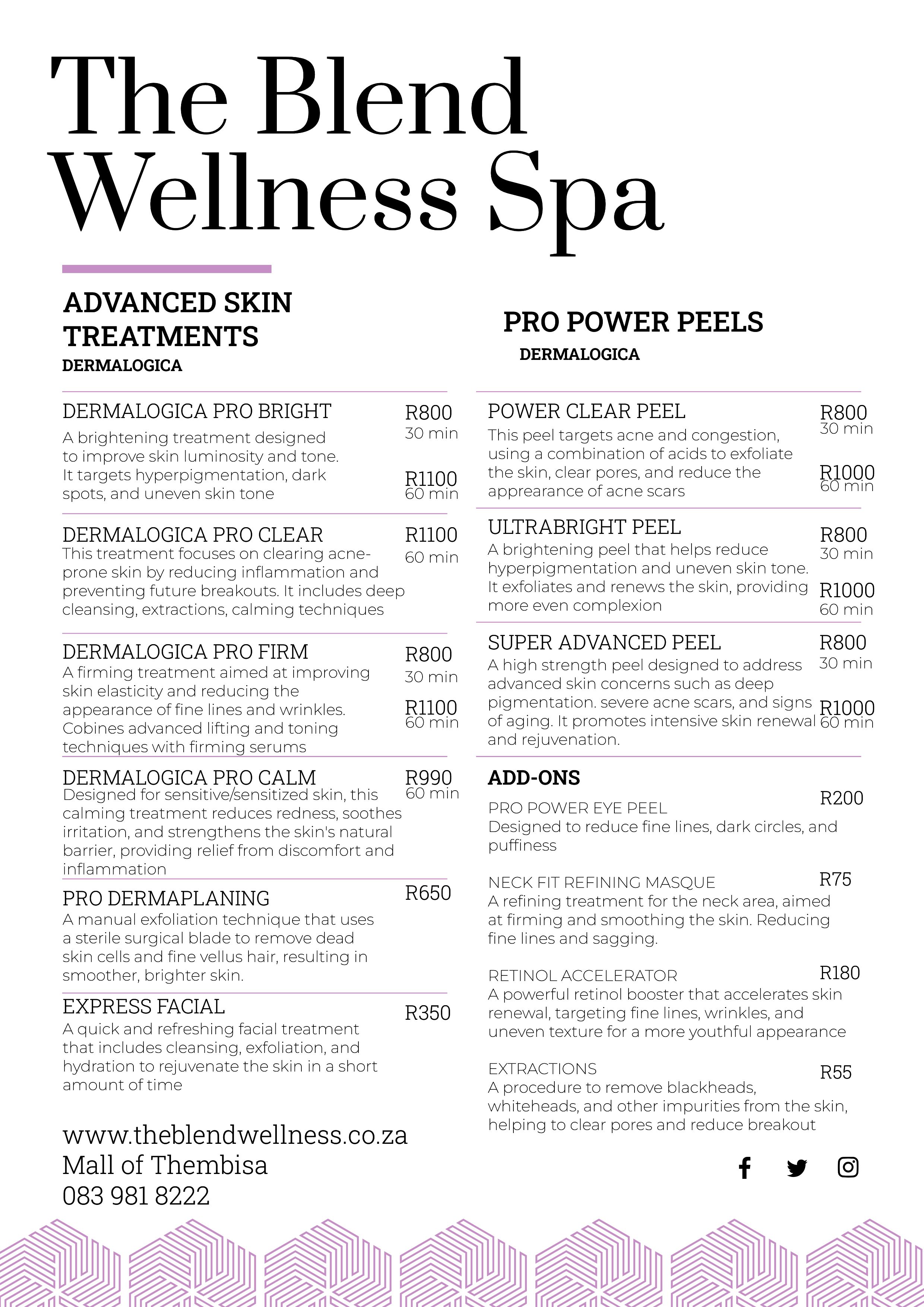 The Blend Wellness Spa Pricelist