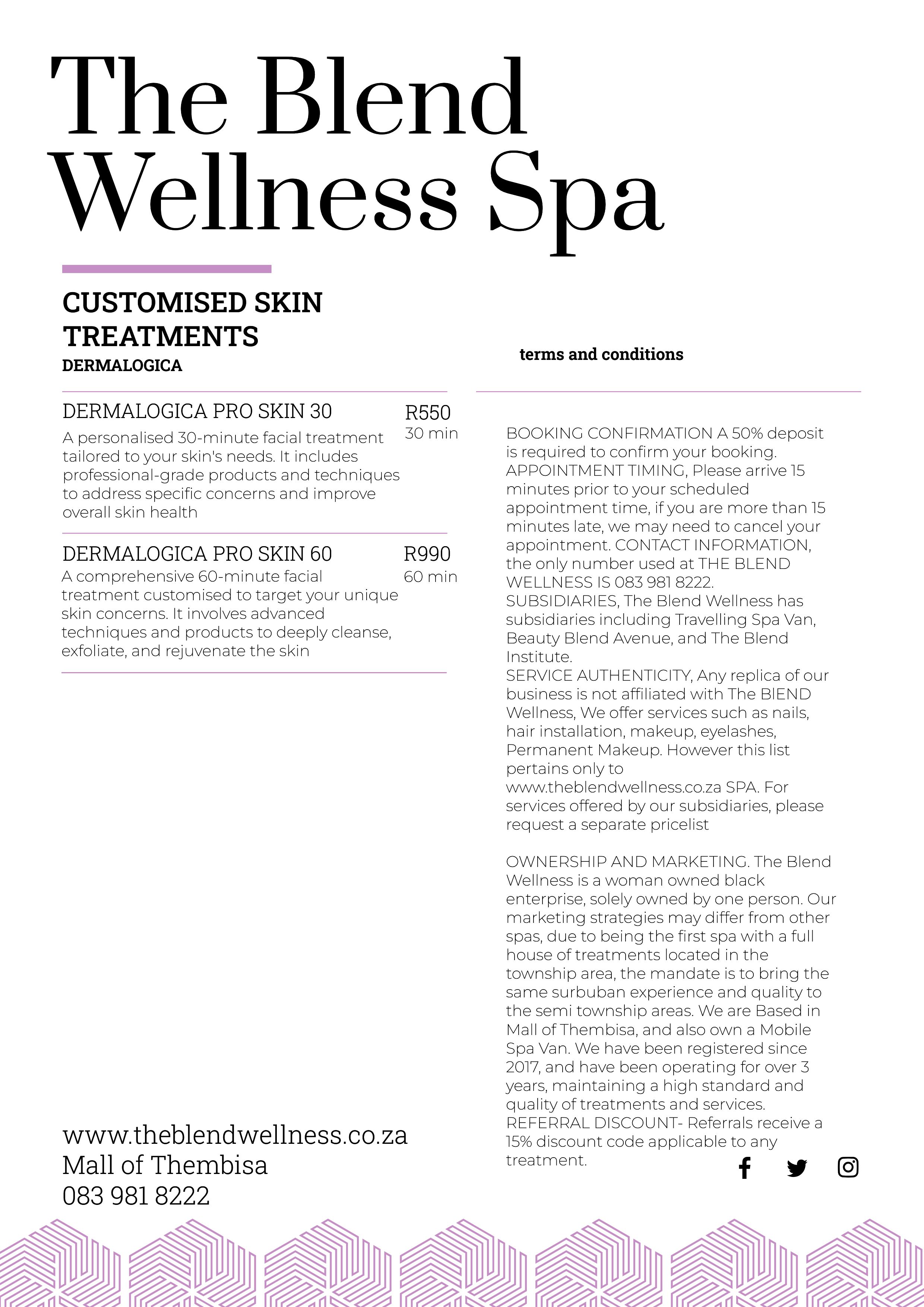 The Blend Wellness Spa Pricelist